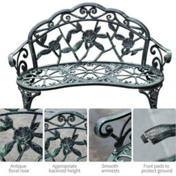 Metal Garden Bench 2 Seater Cast Aluminium Patio Outdoor Rose Seat - thumbnail 4