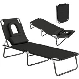 Outsunny Folding Sun Lounger Reclining Chair W/ Pillow Reading Hole Black - thumbnail 2