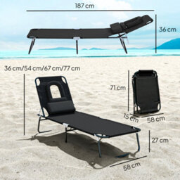 Outsunny Folding Sun Lounger Reclining Chair W/ Pillow Reading Hole Black - thumbnail 3
