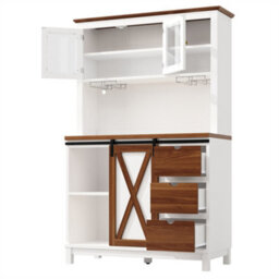 Abrihome Modern Tall Cabinet With Led Lighting & App Control, Kitchen Cabinet, Sideboard With Sliding Door And Three Drawers, White - thumbnail 7