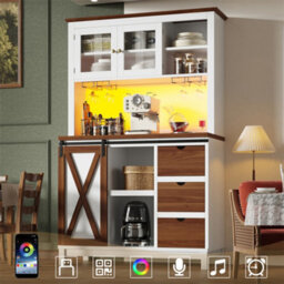 Abrihome Modern Tall Cabinet With Led Lighting & App Control, Kitchen Cabinet, Sideboard With Sliding Door And Three Drawers, White - thumbnail 9