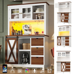 Abrihome Modern Tall Cabinet With Led Lighting & App Control, Kitchen Cabinet, Sideboard With Sliding Door And Three Drawers, White - thumbnail 1