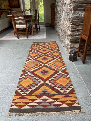 Second Nature Online Alwar Geometric Kilim Rug In Brown Red Orange Design / 75 Cm X 240 Cm - image 1