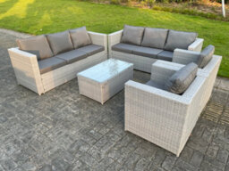 Fimous Light Grey Outdoor Pe Rattan Garden Furniture Set Wicker Sofa Set Oblong Coffee Table 2 Armchair - thumbnail 1