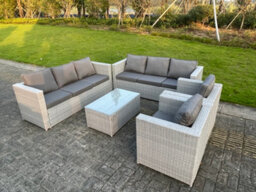 Fimous Light Grey Outdoor Pe Rattan Garden Furniture Set Wicker Sofa Set Oblong Coffee Table 2 Armchair - thumbnail 2