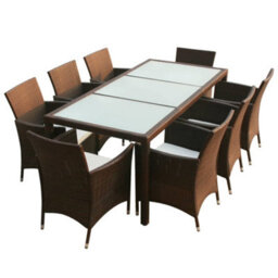 Berkfield 9 Piece Outdoor Dining Set With Cushions Poly Rattan Brown - thumbnail 2