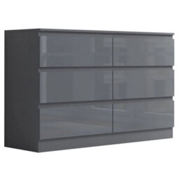 Grey Gloss Front Chest Of Drawers 6 Drawer Large & Deep Sideboard Matt Frame - thumbnail 1