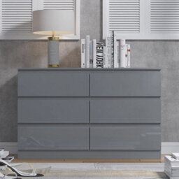 Grey Gloss Front Chest Of Drawers 6 Drawer Large & Deep Sideboard Matt Frame - thumbnail 4