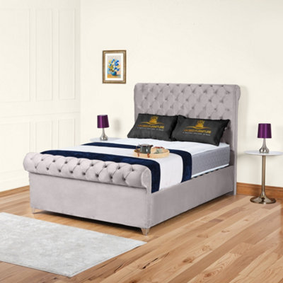 UKBEDFURNITURE Chesterfield Sleigh Silver Plush Velvet Upholstered Bed Frame - Slatted Base With 10 Inch Orthopedic Mattress - 48 Inch Headboard - image 1