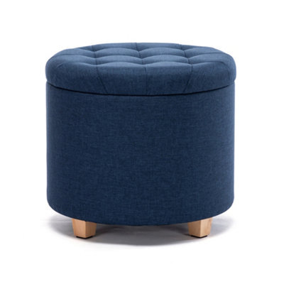Hnnhome 45Cm Round Linen Padded Seat Ottoman Storage Stool Box, Footstool Pouffes Chair With Lids (Navy) - image 1