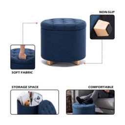 Hnnhome 45Cm Round Linen Padded Seat Ottoman Storage Stool Box, Footstool Pouffes Chair With Lids (Navy) - thumbnail 2