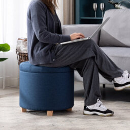 Hnnhome 45Cm Round Linen Padded Seat Ottoman Storage Stool Box, Footstool Pouffes Chair With Lids (Navy) - thumbnail 6