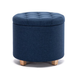Hnnhome 45Cm Round Linen Padded Seat Ottoman Storage Stool Box, Footstool Pouffes Chair With Lids (Navy)