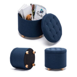 Hnnhome 45Cm Round Linen Padded Seat Ottoman Storage Stool Box, Footstool Pouffes Chair With Lids (Navy) - thumbnail 4