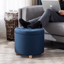 Hnnhome 45Cm Round Linen Padded Seat Ottoman Storage Stool Box, Footstool Pouffes Chair With Lids (Navy) - thumbnail 5