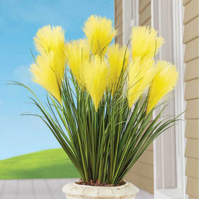 Easylife Triple Flower Faux Pampas Grass, Vibrant, Low-Maintenance (Pack Of 3) - Yellow