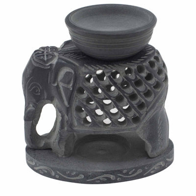 Serenityy Soapstone Oil Burner 10.5Cm - Hand-Carved Standing Elephant, Gray, Gloss Finish - image 1