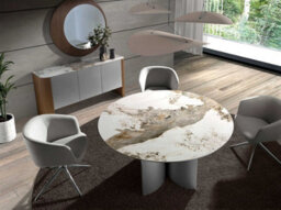 Angel Cerda Elegant Round Dining Table In Porcelain Marble With Walnut And Silver Accents - thumbnail 2