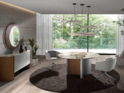 Angel Cerda Elegant Round Dining Table In Porcelain Marble With Walnut And Silver Accents - thumbnail 3