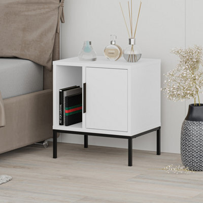 Decortie Glynn Modern Bedside Table Nightstand 45Cm Black Metal Straight Legs 1-Door White Bedroom - image 1