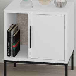 Decortie Glynn Modern Bedside Table Nightstand 45Cm Black Metal Straight Legs 1-Door White Bedroom - thumbnail 4