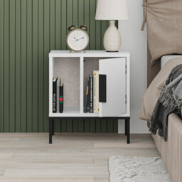 Decortie Glynn Modern Bedside Table Nightstand 45Cm Black Metal Straight Legs 1-Door White Bedroom - thumbnail 5