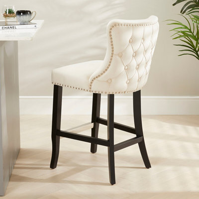 The Furniture Market Boudoir Champagne Velvet Button Back Kitchen Counter Bar Stool Wing Back Design Stud Detailing Black Legs Chrome Foot Bar - image 1