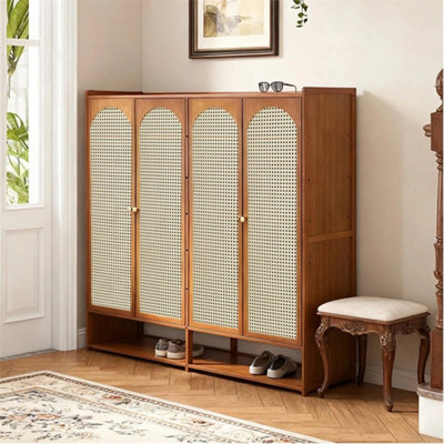 Wooden Shoe Cabinet Storage Cupboard Footwear Stand Rack Double Rattan Doors - image 1