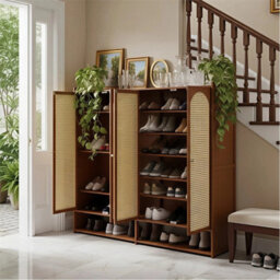 Wooden Shoe Cabinet Storage Cupboard Footwear Stand Rack Double Rattan Doors - thumbnail 6