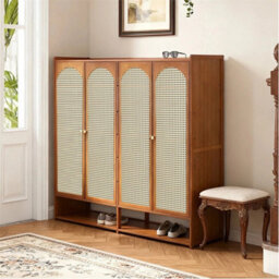Wooden Shoe Cabinet Storage Cupboard Footwear Stand Rack Double Rattan Doors - thumbnail 1