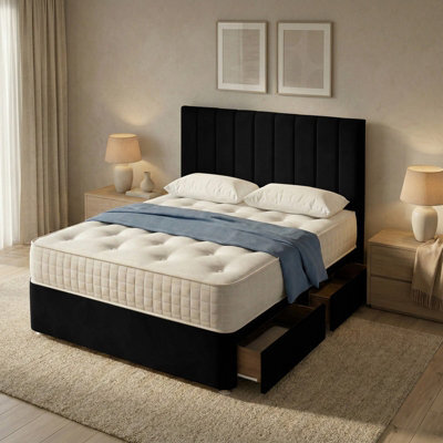 "Adore Designs Portland Plush Velvet Divan Bed, 50"" Headboard - 3Ft Single - Black - 2 Drawers Same Side" - image 1