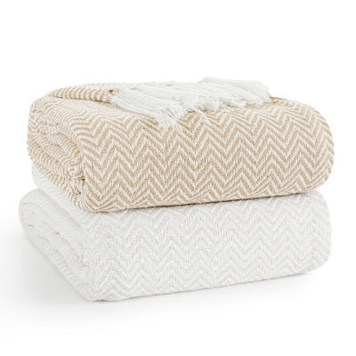 Ehc Pair Pack Chevron Cotton Throws For Sofa Settees Chair Cover Blanket, 127 X 152Cm  ( Pack Of 2 ) - Ivory / Tan - image 1