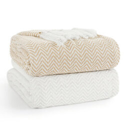 Ehc Pair Pack Chevron Cotton Throws For Sofa Settees Chair Cover Blanket, 127 X 152Cm  ( Pack Of 2 ) - Ivory / Tan