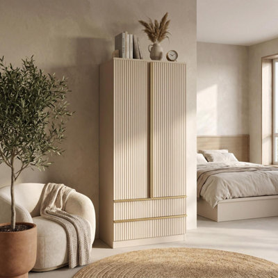 Fwstyle Lania Beige 2 Door Wardrobe With 2 Drawers Scalloped Design Bedroom Storage - image 1