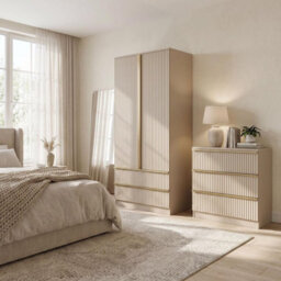 Fwstyle Lania Beige 2 Door Wardrobe With 2 Drawers Scalloped Design Bedroom Storage - thumbnail 3