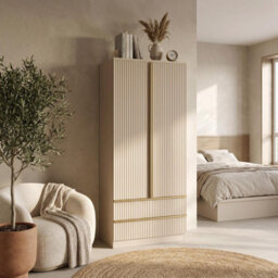 Fwstyle Lania Beige 2 Door Wardrobe With 2 Drawers Scalloped Design Bedroom Storage