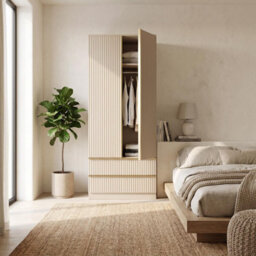 Fwstyle Lania Beige 2 Door Wardrobe With 2 Drawers Scalloped Design Bedroom Storage - thumbnail 2