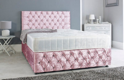 Adore Designs Chesterfield Crushed Velvet Divan Bed, With Orthopaedic Mattress & Footboard - 6Ft Super King - Pink - 2 Drawers Right Side - image 1