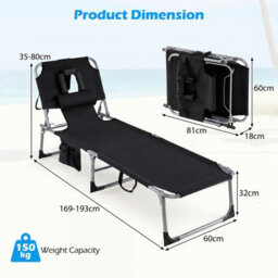 Costway Portable Tanning Lounge Chair With Adjustable Backrest Folding Beach Chair With Face Arm Holes-Black - thumbnail 2