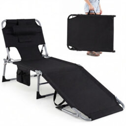 Costway Portable Tanning Lounge Chair With Adjustable Backrest Folding Beach Chair With Face Arm Holes-Black - thumbnail 1