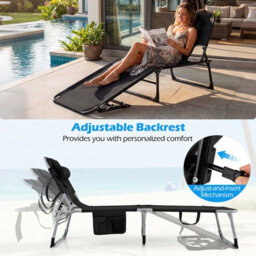 Costway Portable Tanning Lounge Chair With Adjustable Backrest Folding Beach Chair With Face Arm Holes-Black - thumbnail 5