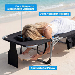Costway Portable Tanning Lounge Chair With Adjustable Backrest Folding Beach Chair With Face Arm Holes-Black - thumbnail 4