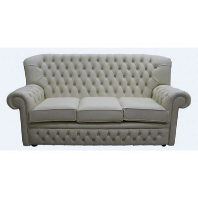 Chesterfield 3 Seater Cottonseed Cream Leather Sofa Bespoke In Monks Style - image 1