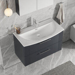 Balterley Belvide Partial Fluted 2 Drawer Wall Hung Vanity Unit With 1 Tap Hole Curved Basin- 800mm - Satin Soft Black - thumbnail 5