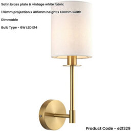Loops Satin Brass Dimmable Wall Light - Modern Vintage White Cylinder Shade - 6W Led E14 - thumbnail 2