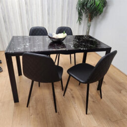 Kosy Koala Modern Black Glass Marble Effect Dining Table Set With 4 Black Gem Pattern Chairs Dining Room Furniture