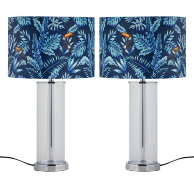 First Choice Lighting Set Of 2 Aura - Chrome Table Lamps With Toucan Velvet Shades - image 1