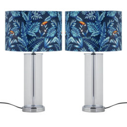 First Choice Lighting Set Of 2 Aura - Chrome Table Lamps With Toucan Velvet Shades
