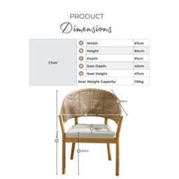 Furniturebox 2X Asa Set Wooden Garden Dining Chairs, Wicker Rattan Garden Chairs, Outdoor & Patio Dining Chairs, Cream Cushions - thumbnail 8