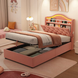 Btm 3Ft Single Velvet Hydraulic Bed With Led, Charging Station And Storage, Diamond Tufted Headboard, Pink - thumbnail 5